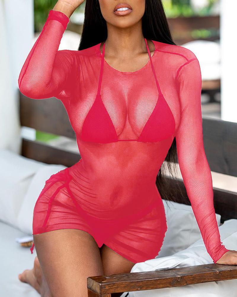 

Ruched Sheer Mesh Bodycon Dress, Pink