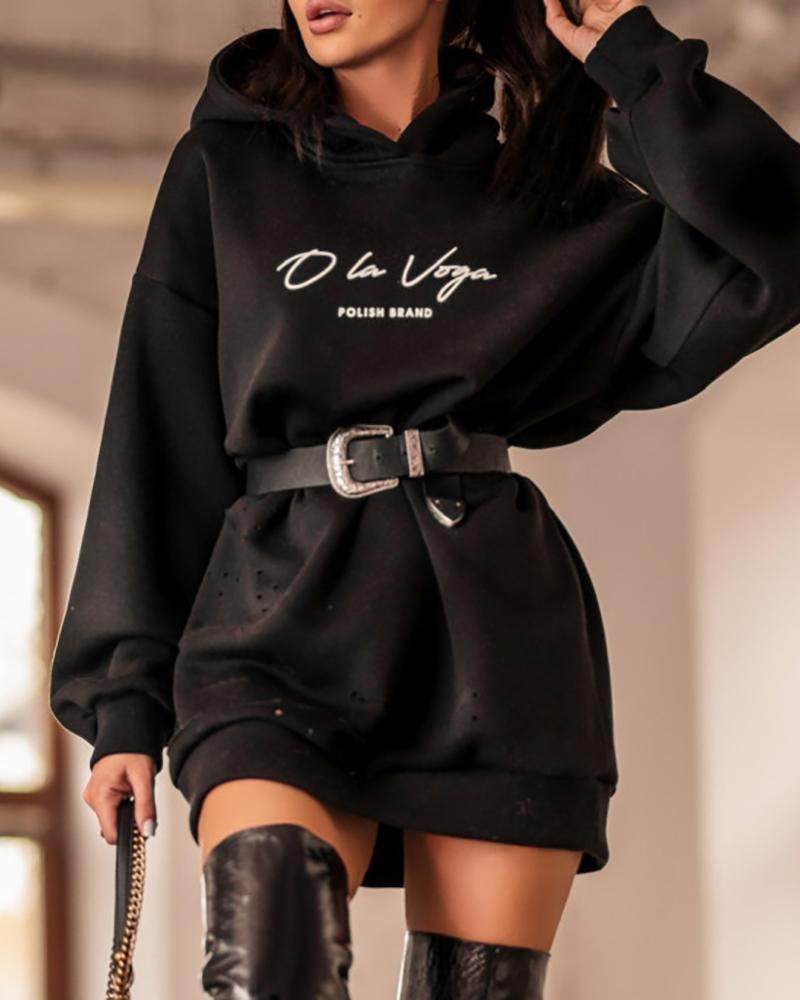 

Plain Long Sleeve Hooded Casual Dress, Black