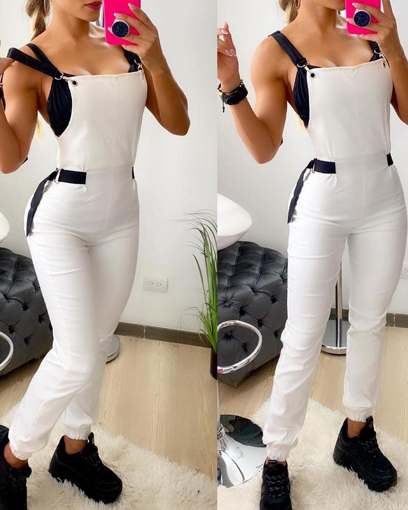 

Colorblock Tape Design Suspender Pants, White