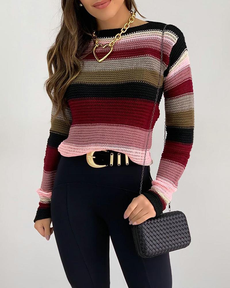 

Colorblock Long Sleeve Casual Sweater, Pink