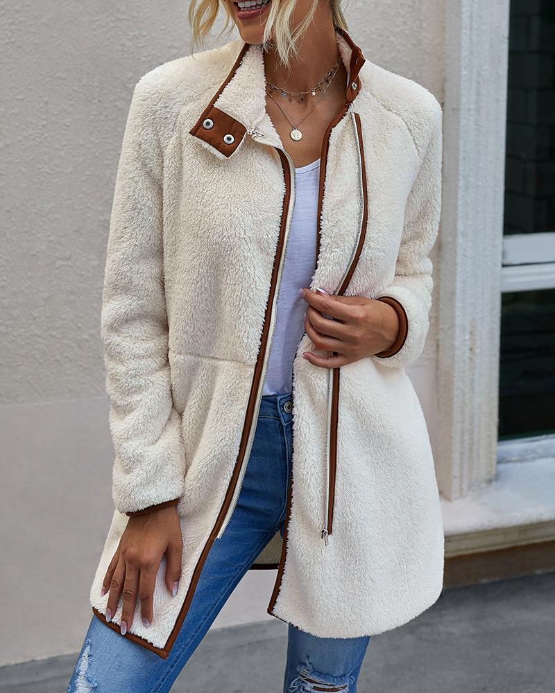 

Zipper Design Long Sleeve Fleece Teddy Coat, Apricot