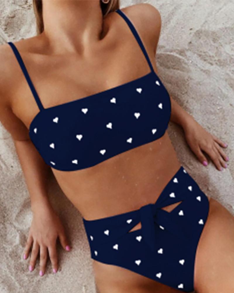 

Heart Print Spaghetti Strap Bikini Sets, Dark blue