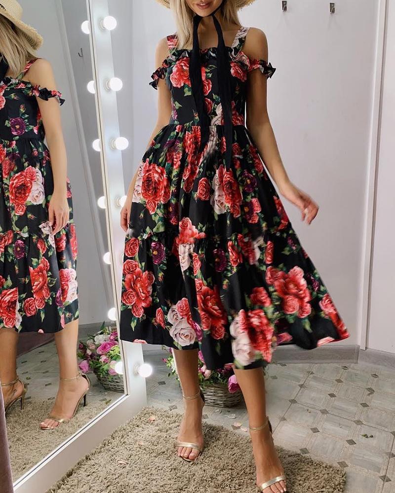 

Floral Print Shirring Cold Shoulder Casual Dress, Black