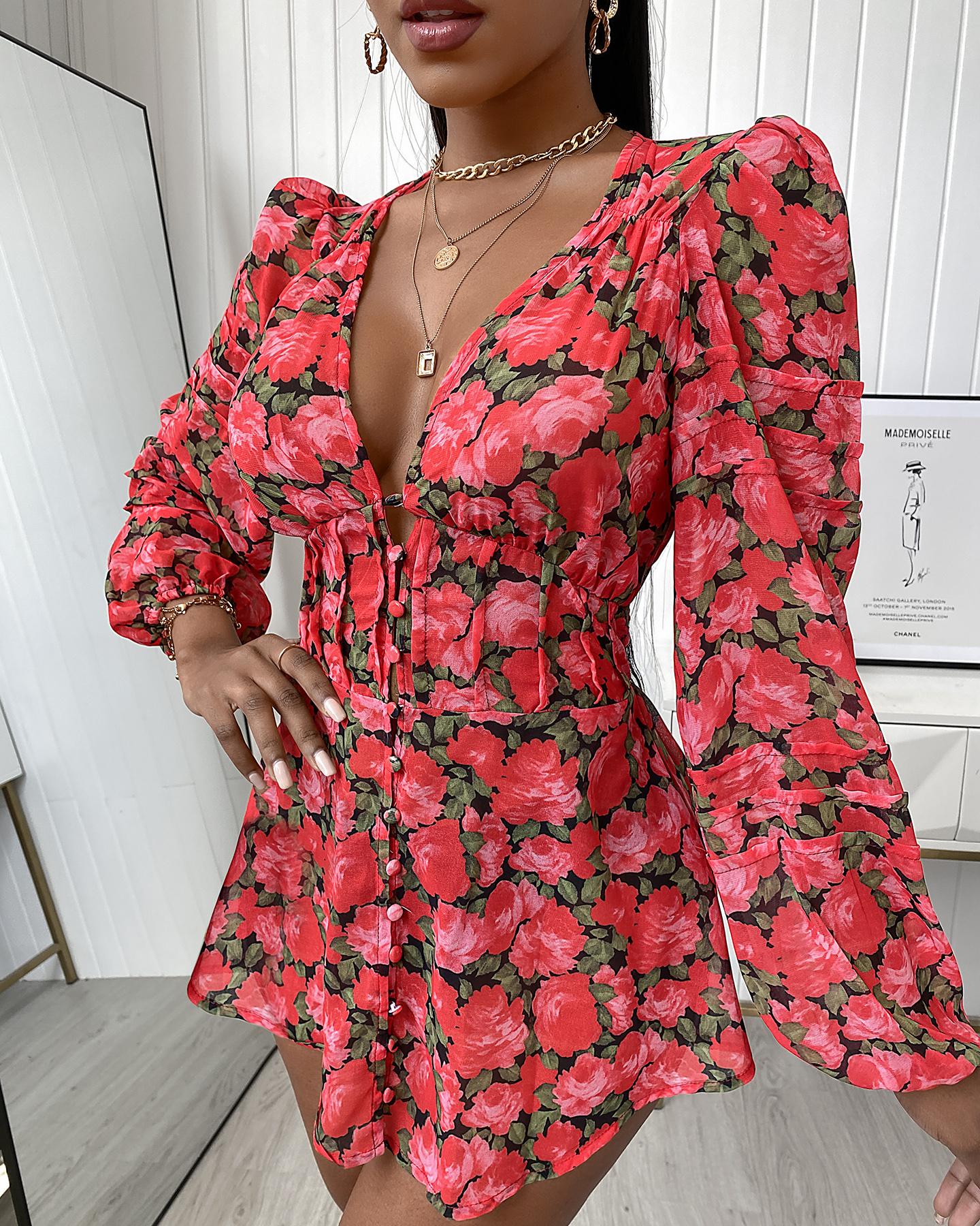 

Floral Print Button Front Puff Sleeve Mini Dress, Multicolor