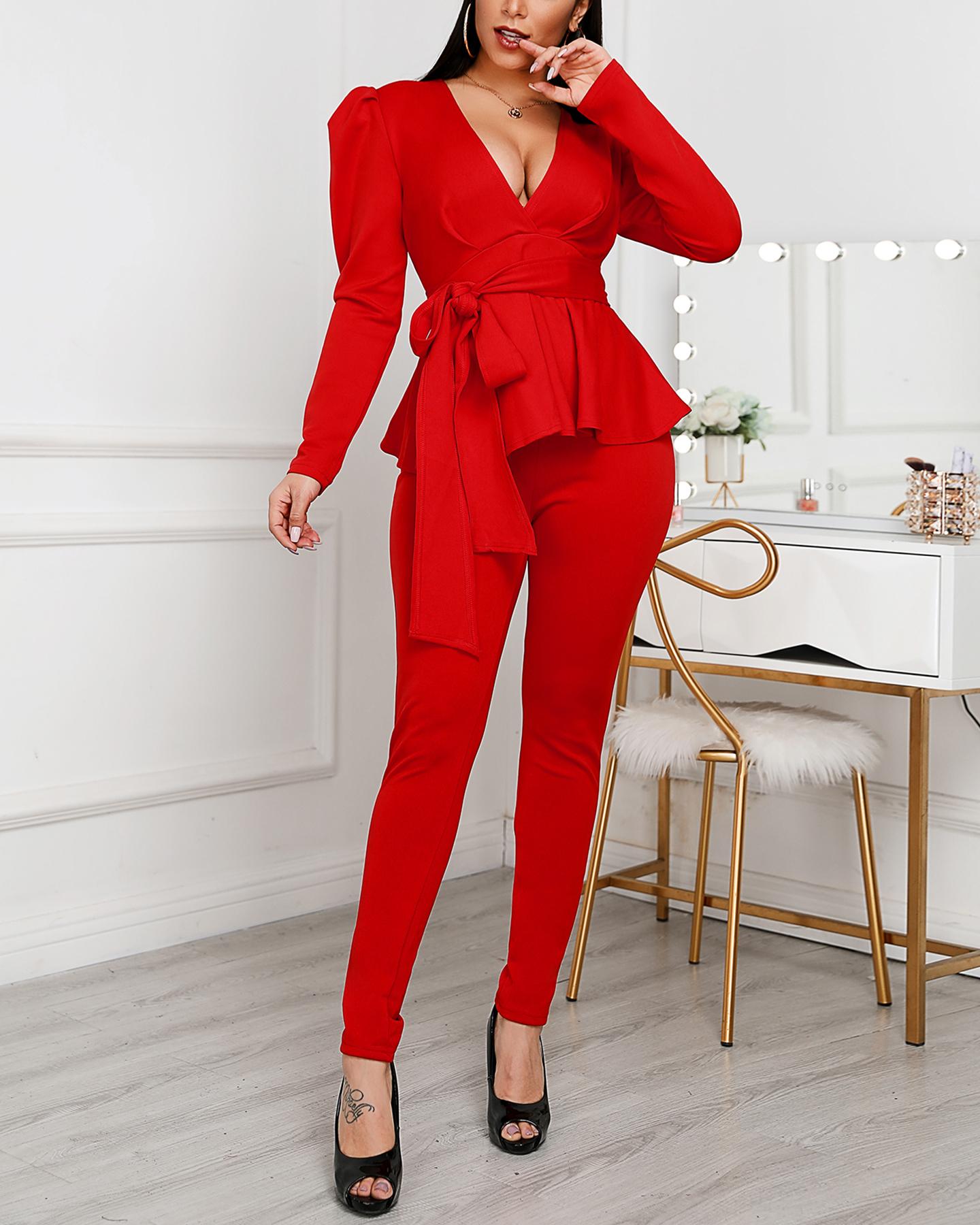 

Bow Knot Peplum Design Coat & Pant Sets, Red