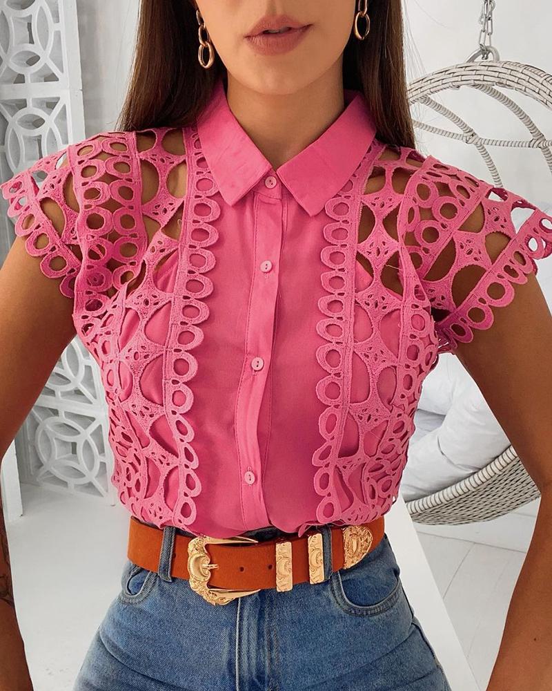 

Button Design Hollow-out Short Sleeve Shirt, Hot pink