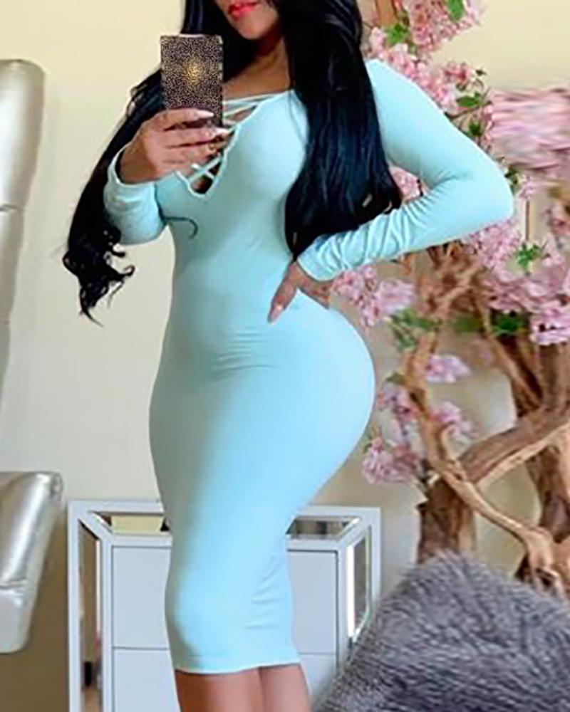

Solid Lace-up Long Sleeve Bodycon Women Dress, Blue