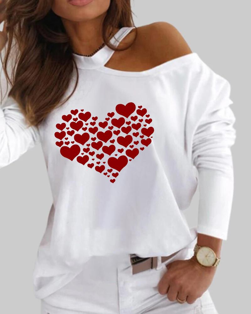 

Heart Print One Shoulder Long Sleeve Top, White