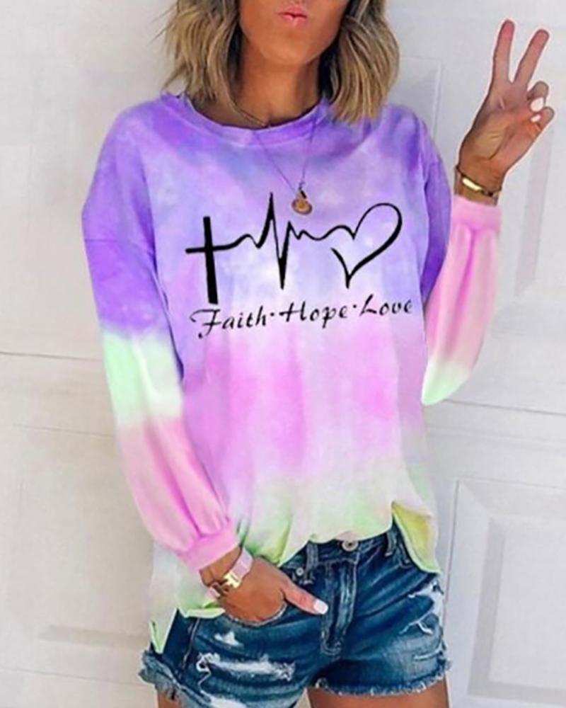 

Tie Dye Print Letter Pattern Casual Sweatshirt, Purple