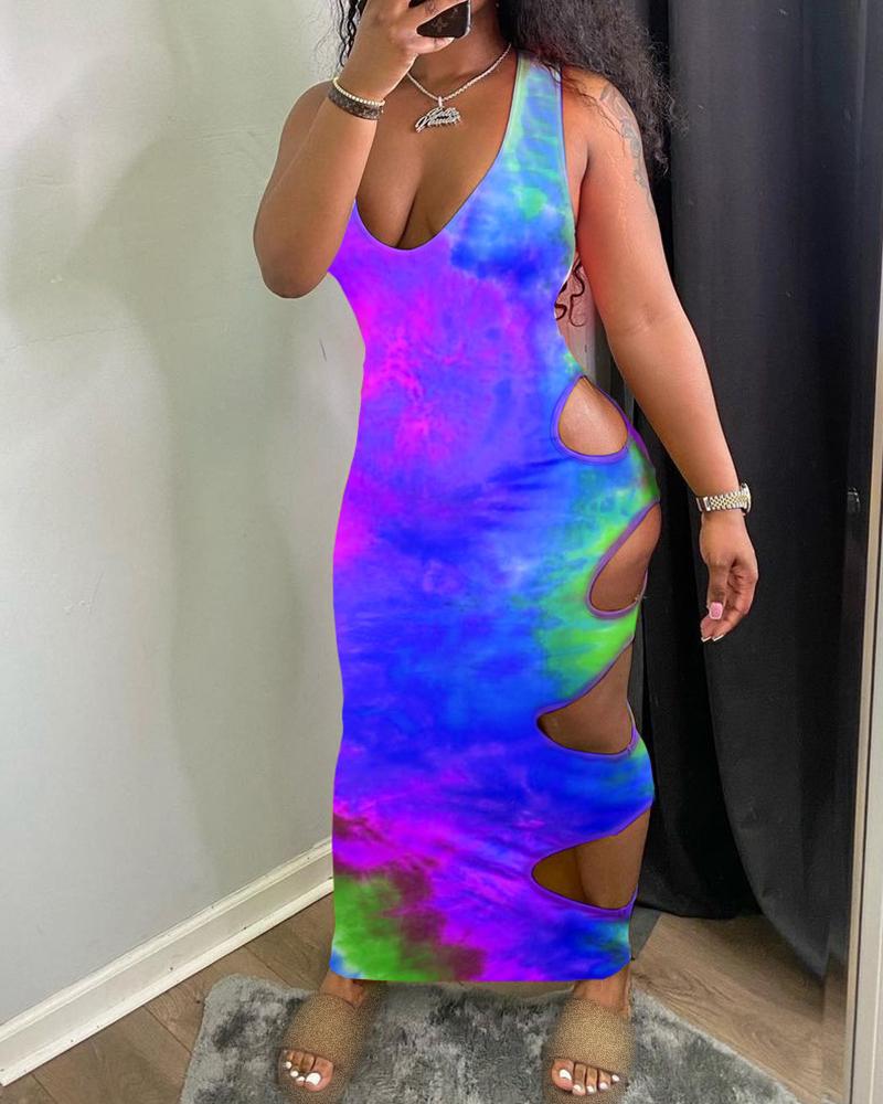 

Tie Dye Print Cutout Thick Strap Maxi Dress, Dark blue