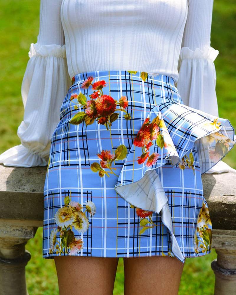 

Floral Plaid Print Ruffles Skirt, Blue
