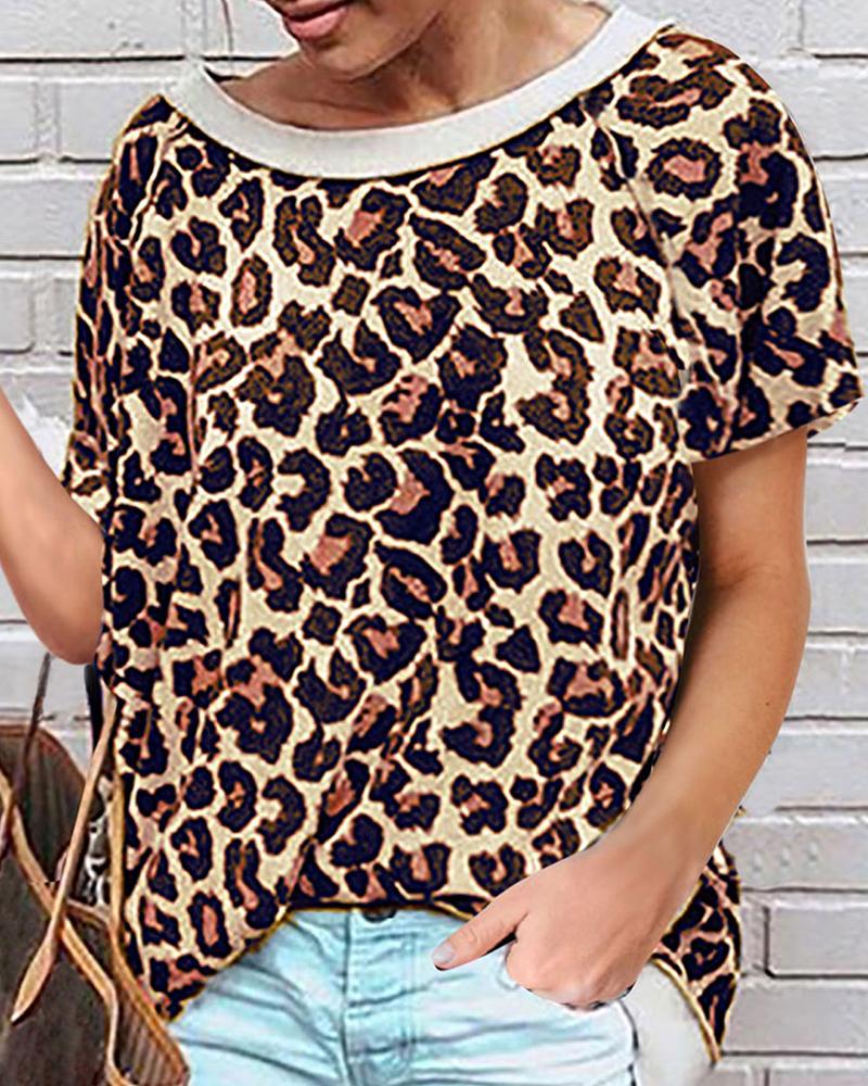 

Round-neck Print Short Sleeve T-shirt, Leopard