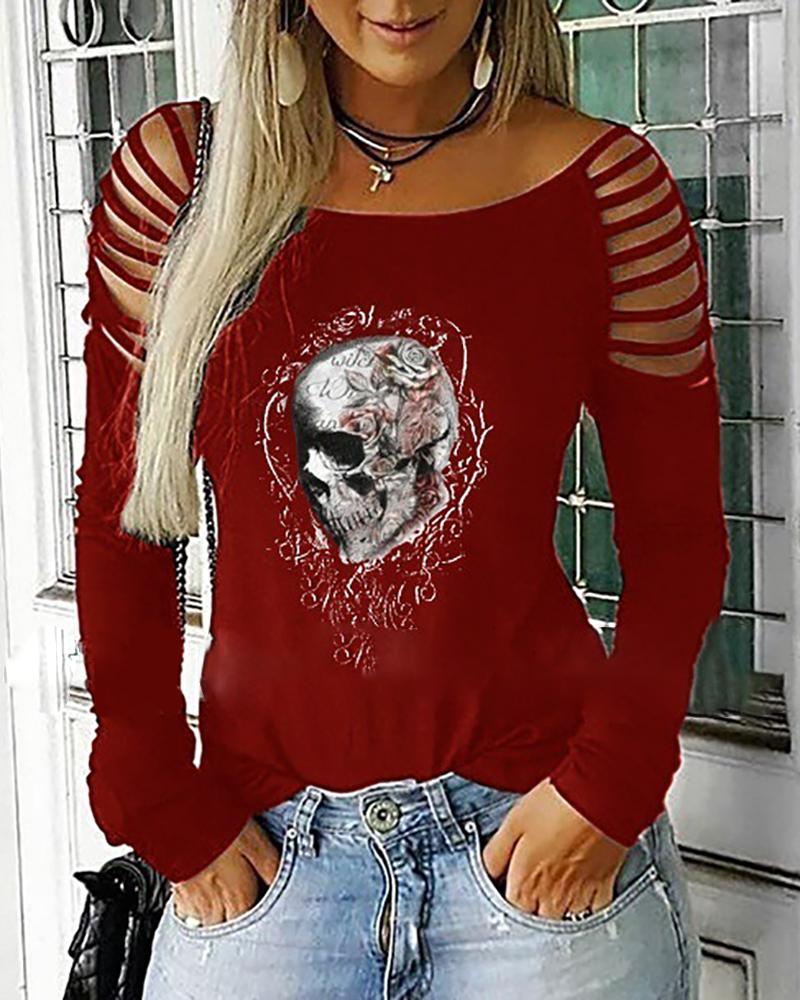 

Skull Print Ladder Cutout Top, Wine red
