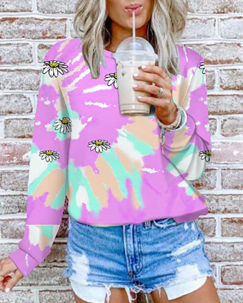 

Tie Dye Daisy Print Long Sleeve Casual Sweatshirt, Pink