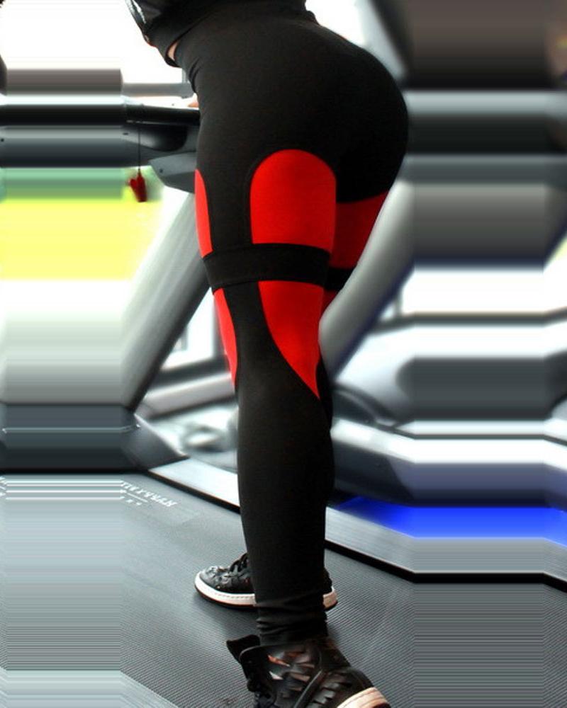 

High Waist Colorblock Sports Leggings, Red