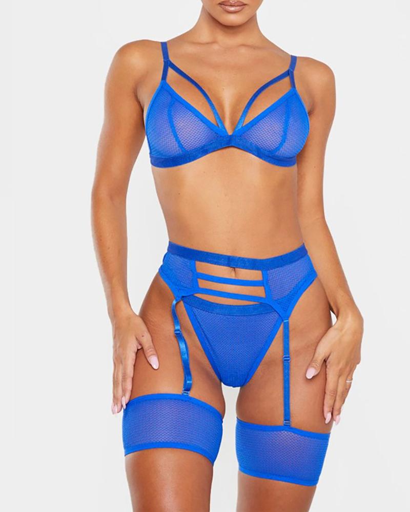 

Fishnet Cutout Lace Garter Lingerie Set, Blue