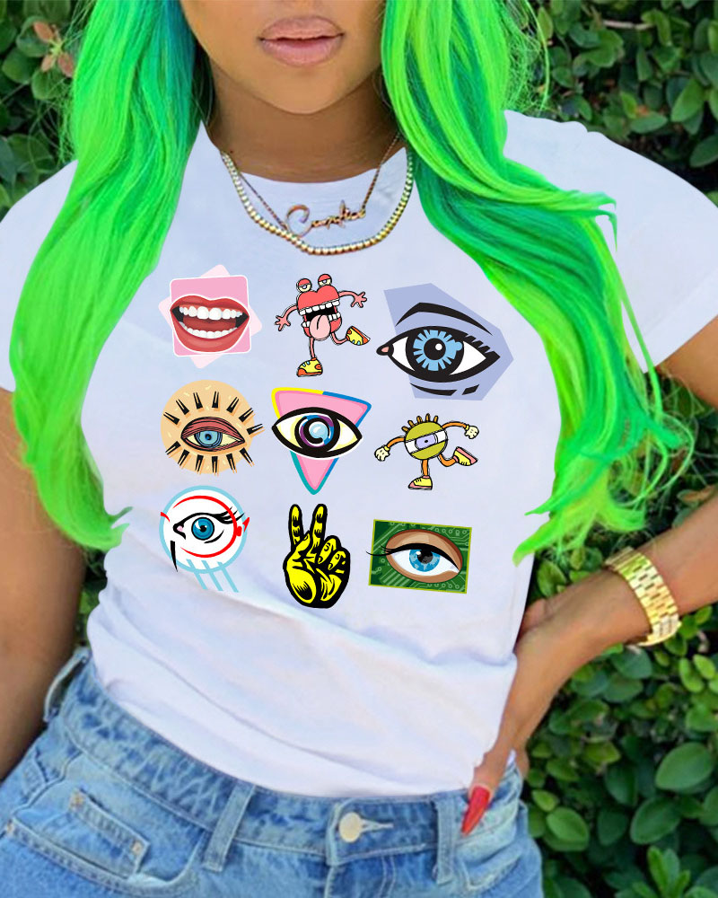 

Eyes / Cartoon / Hand Print Short Sleeve Casual T-shirt, White