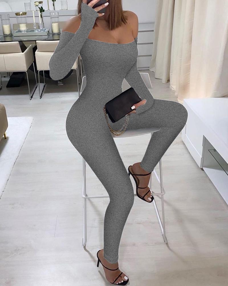 

Off Shoulder Long Sleeve Skinny Jumpsuit, Gray