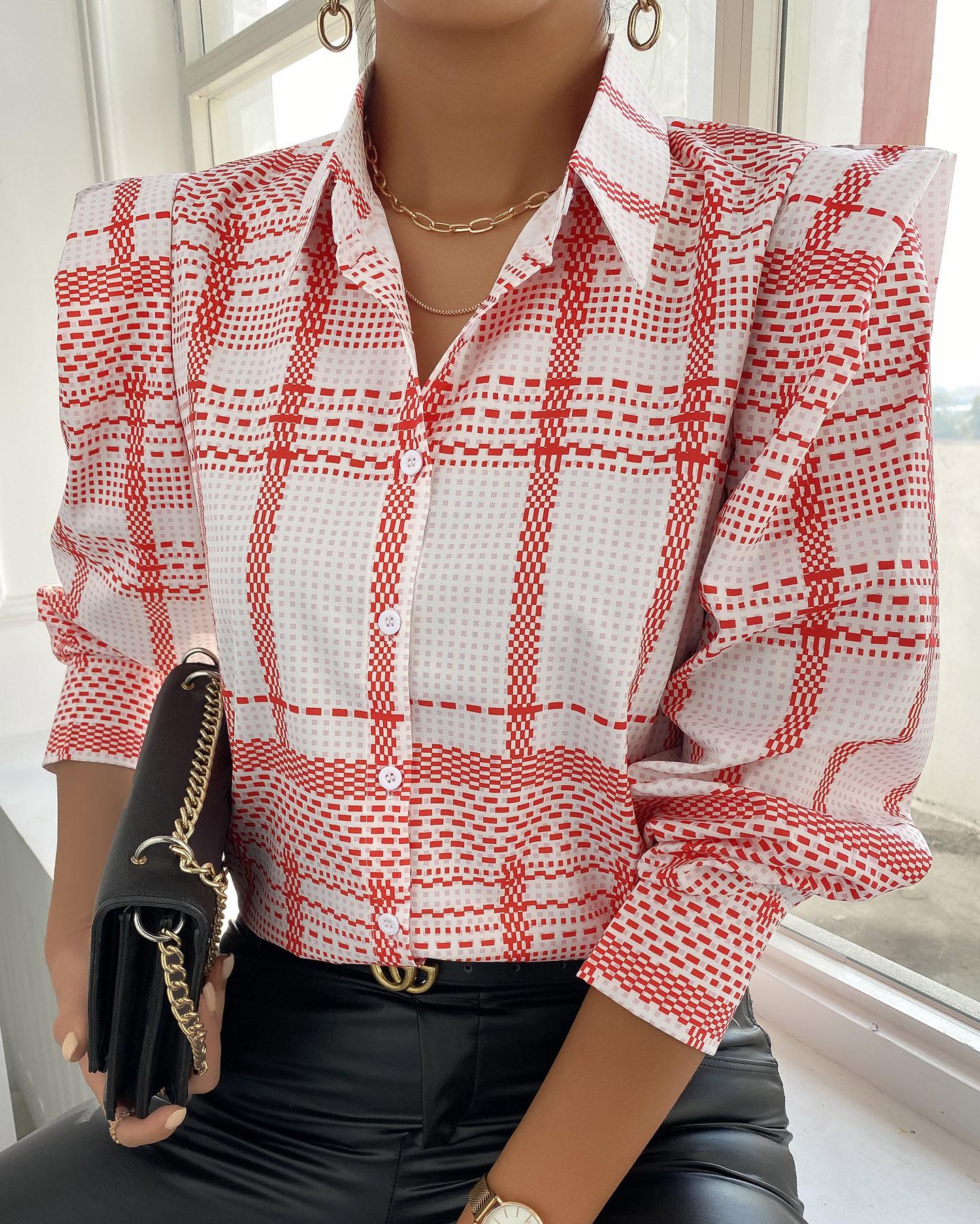 

Puffed Sleeve Plaid Print Shirt, Pink