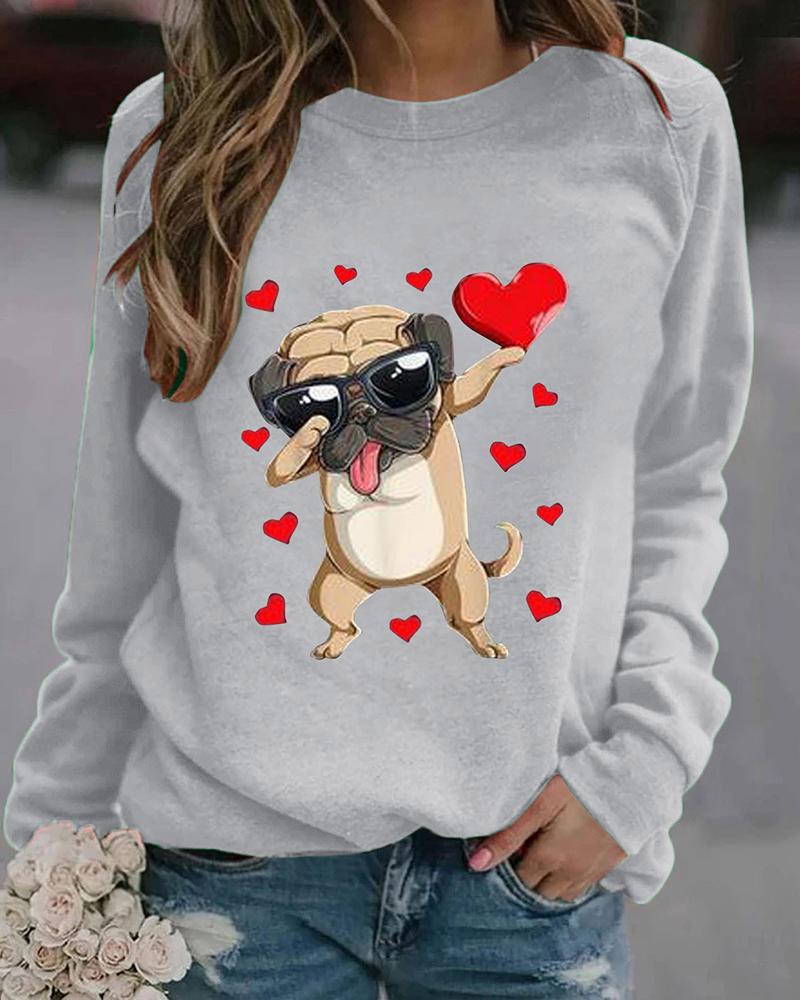 

Dog Heart Print Long Sleeve Sweatshirt, Gray