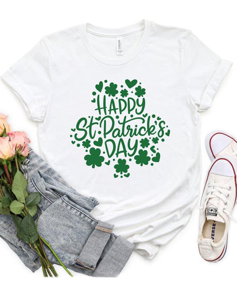 

St.Patrick' Day Clover Letter Print Short Sleeve T-Shirt, White