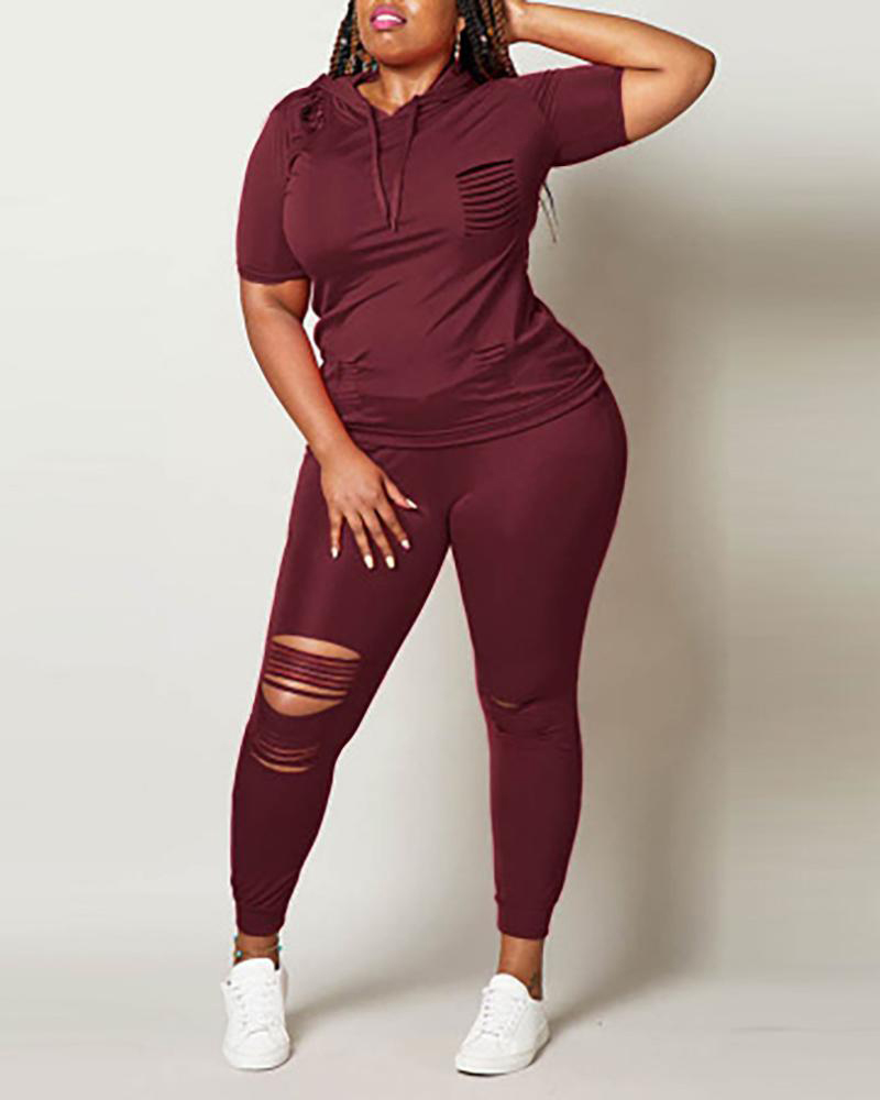 

Ladder Cutout Hooded Short Sleeve Top & Pants Set, Wine red