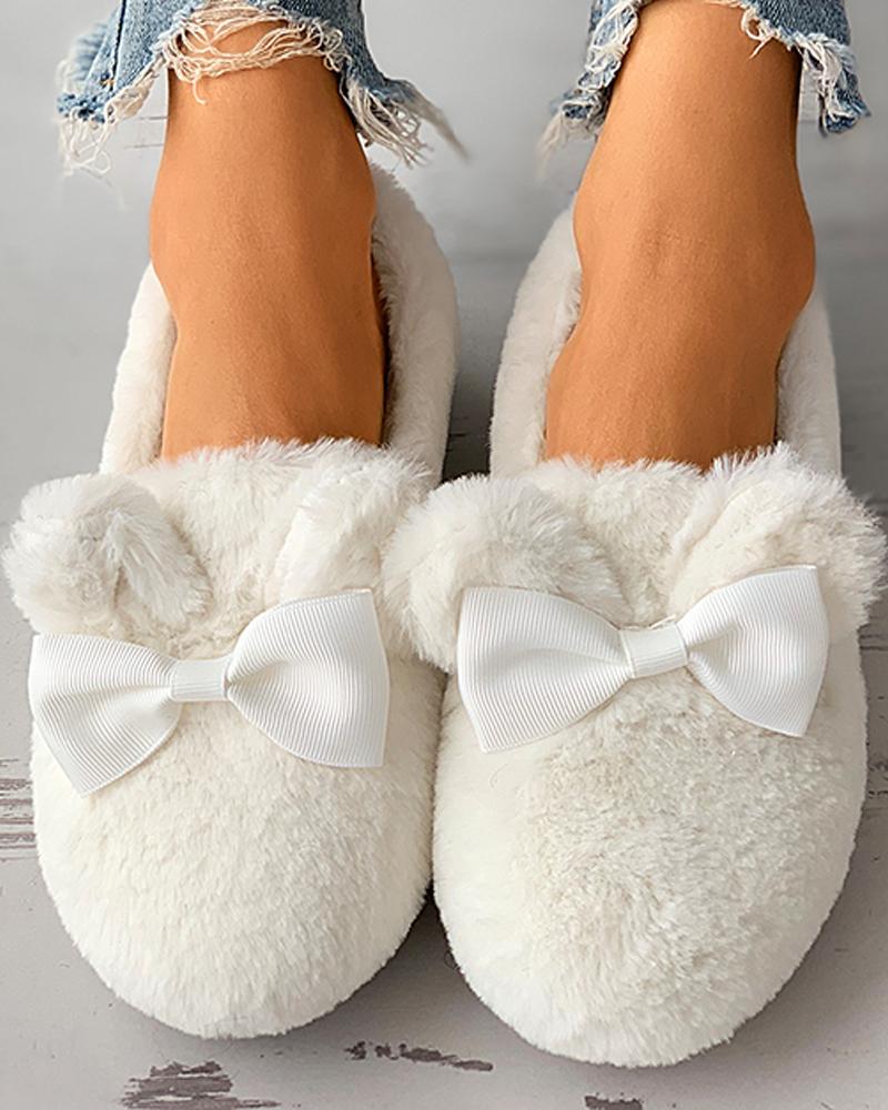 

Ear Design Bowknot Fluffy Close Toe Shoes, Beige