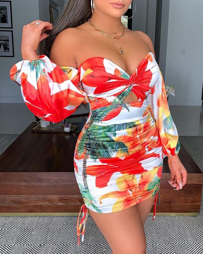 

Off Shoulder Long Sleeve Ruched Bodycon Dress, Red