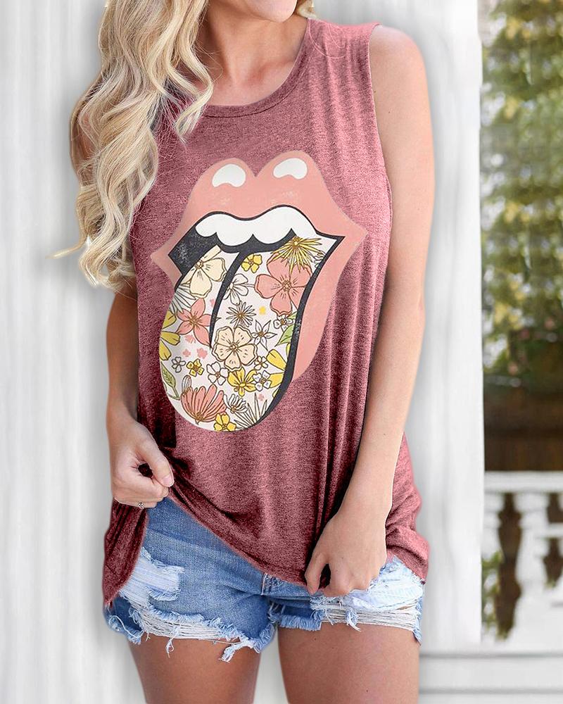 

Floral Lip Print Casual Tank Top, Pink