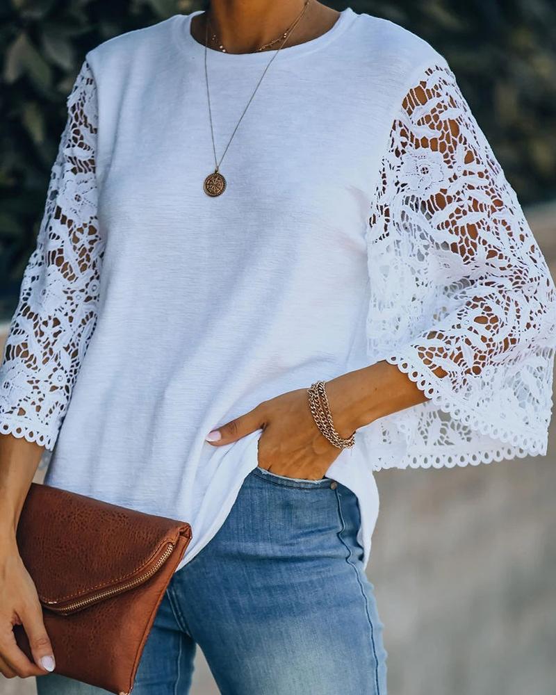 

Floral Pattern Lace Long Sleeve Blouse, White