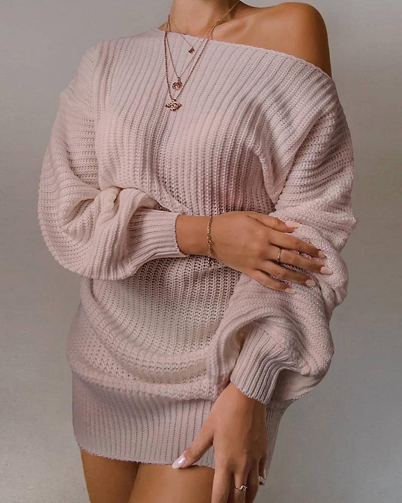 

One Shoulder Lantern Sleeve Knit Dress, Pink