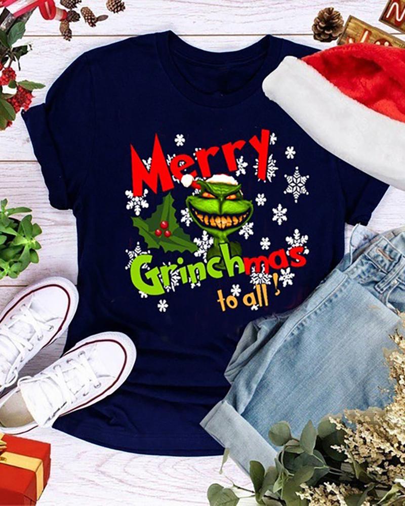 

Christmas Cartoon Letter Print T-shirt, Dark blue