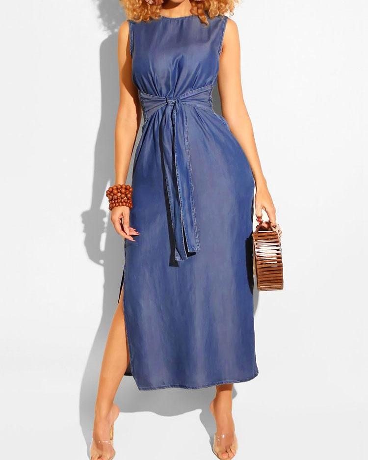 

Sleeveless Knotted Front Slit Denim Dress, Dark blue