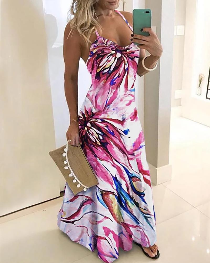 

Halter Sleeveless Print Maxi Dress, Pink
