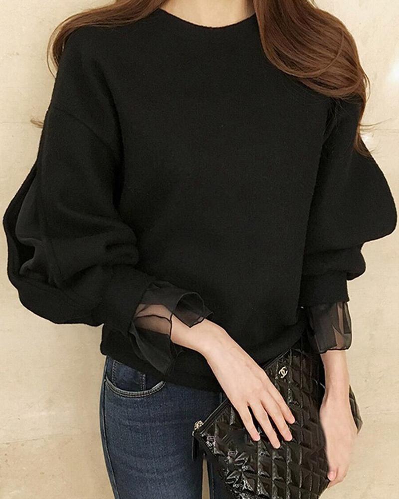 

Solid Mesh Sleeve Casual Blouse, Black