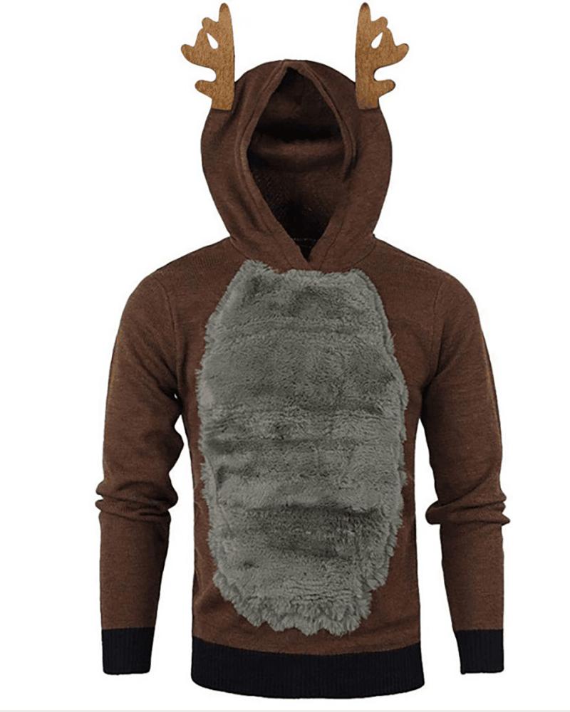 

Men Colorblock Ear Design Fluffy Hooded Top, Style12