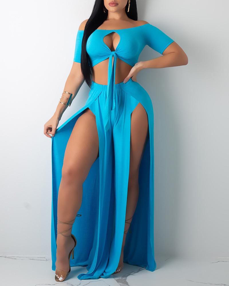 

Cutout Front Knotted Crop Top & High Slit Maxi Skirt Set, Blue