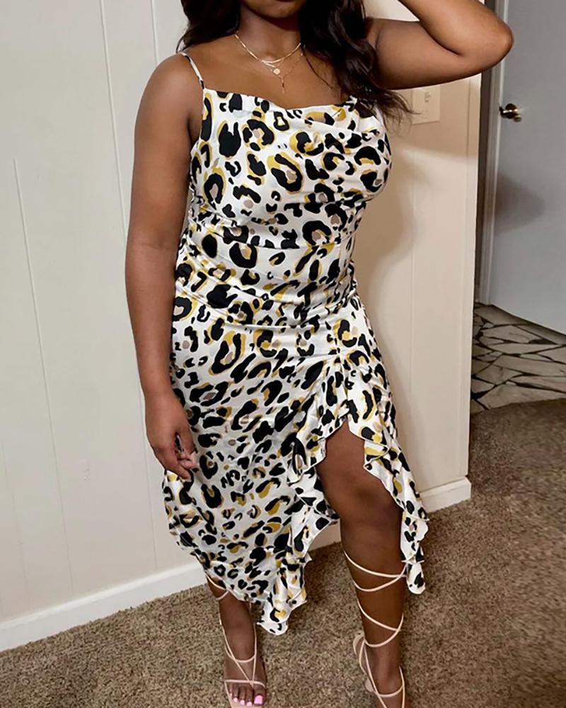 

Leopard Print Spaghetti Strap Slit Dress, White