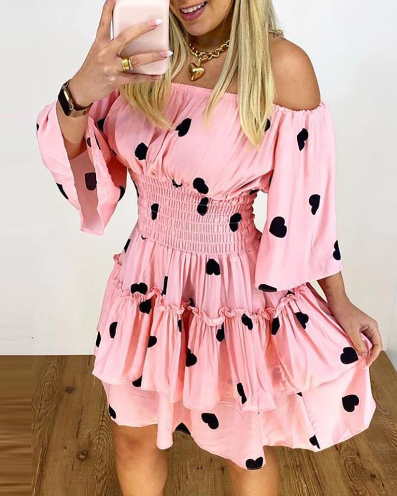 

Off Shoulder Polkadot Print Bell Sleeve Ruffles Hem Dress, Pink