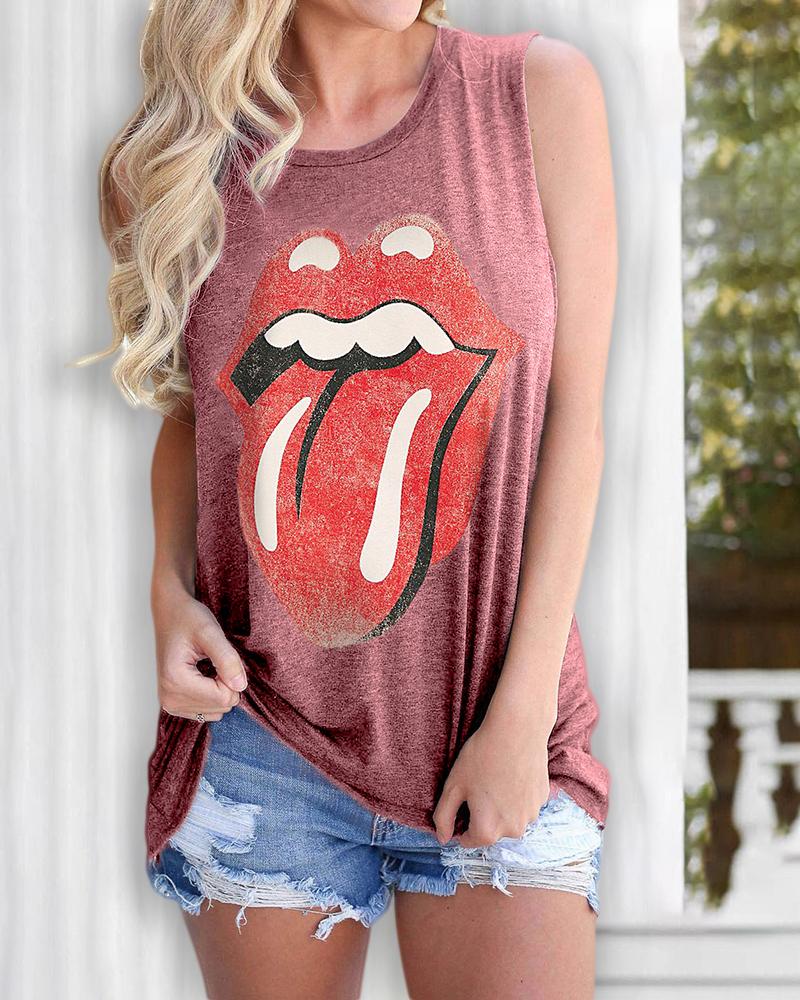 

Lip Print Casual Tank Top, Pink