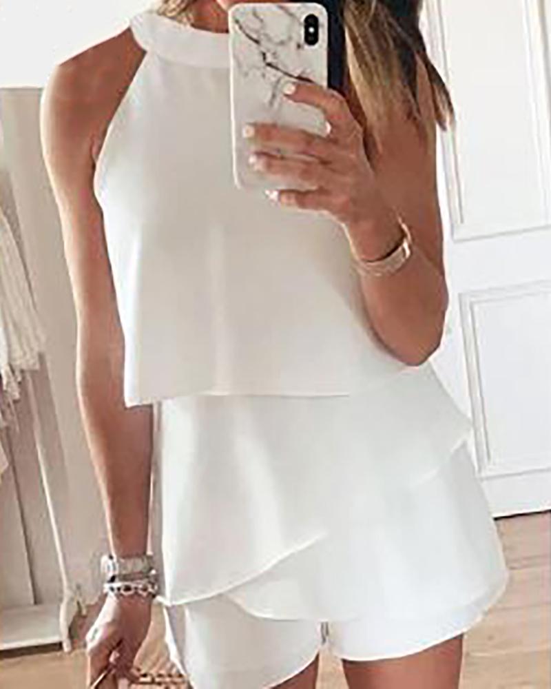 

Solid Round Neck Ruffles Casual Romper, White