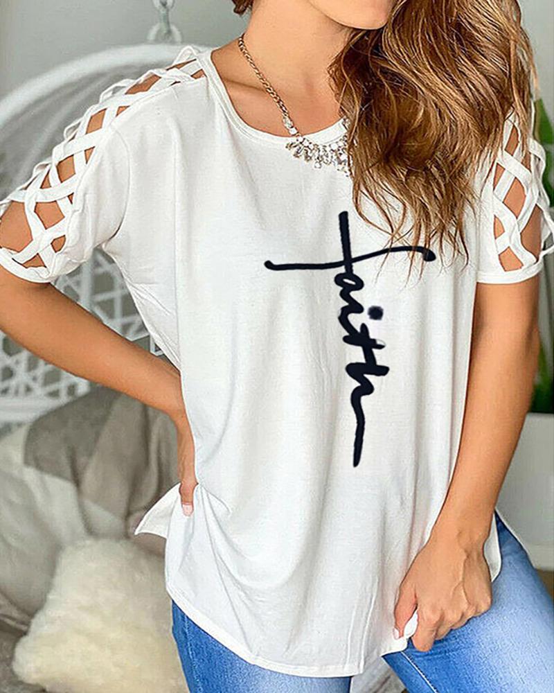 

Letter Print Strappy Cutout Short Sleeve T-shirt, White