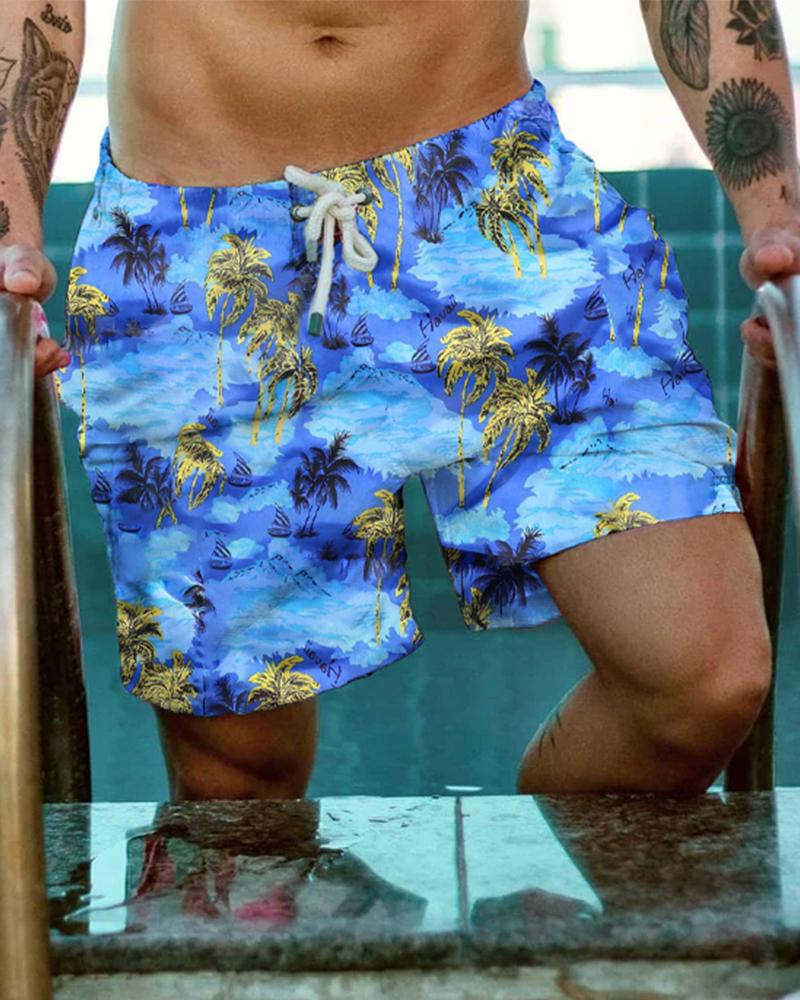 

Vacation Style Coconut Tree Print Drawstring Short Pants, Blue