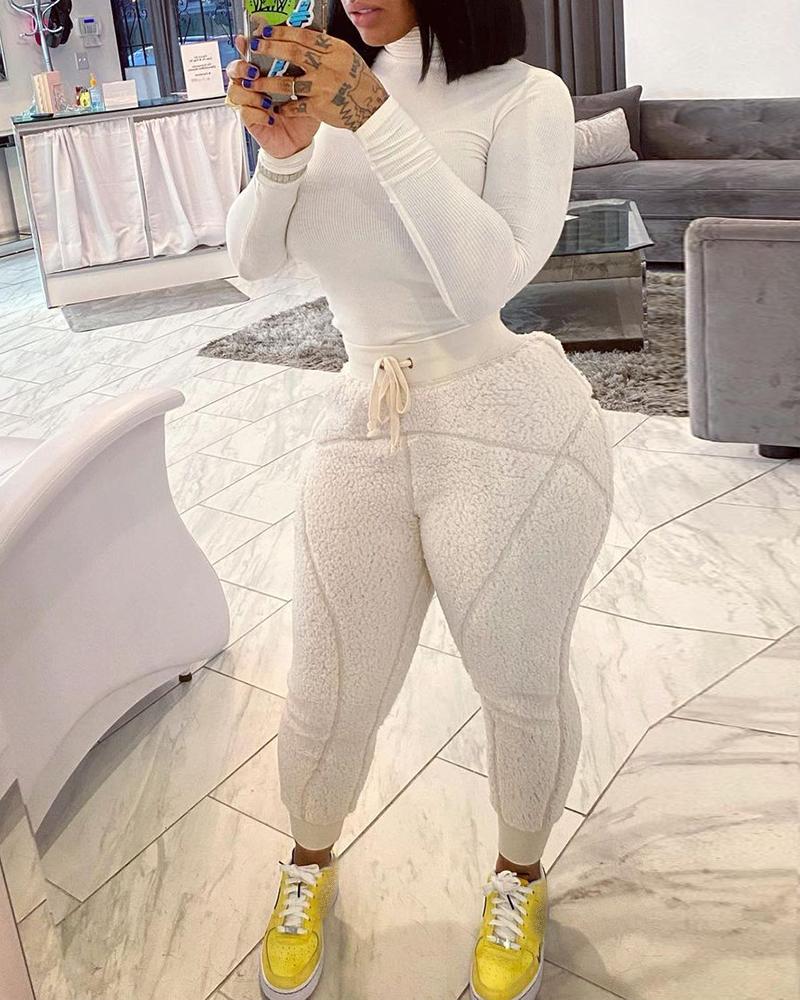 

High Neck Top & Drawstring Fluffy Pants Set, White