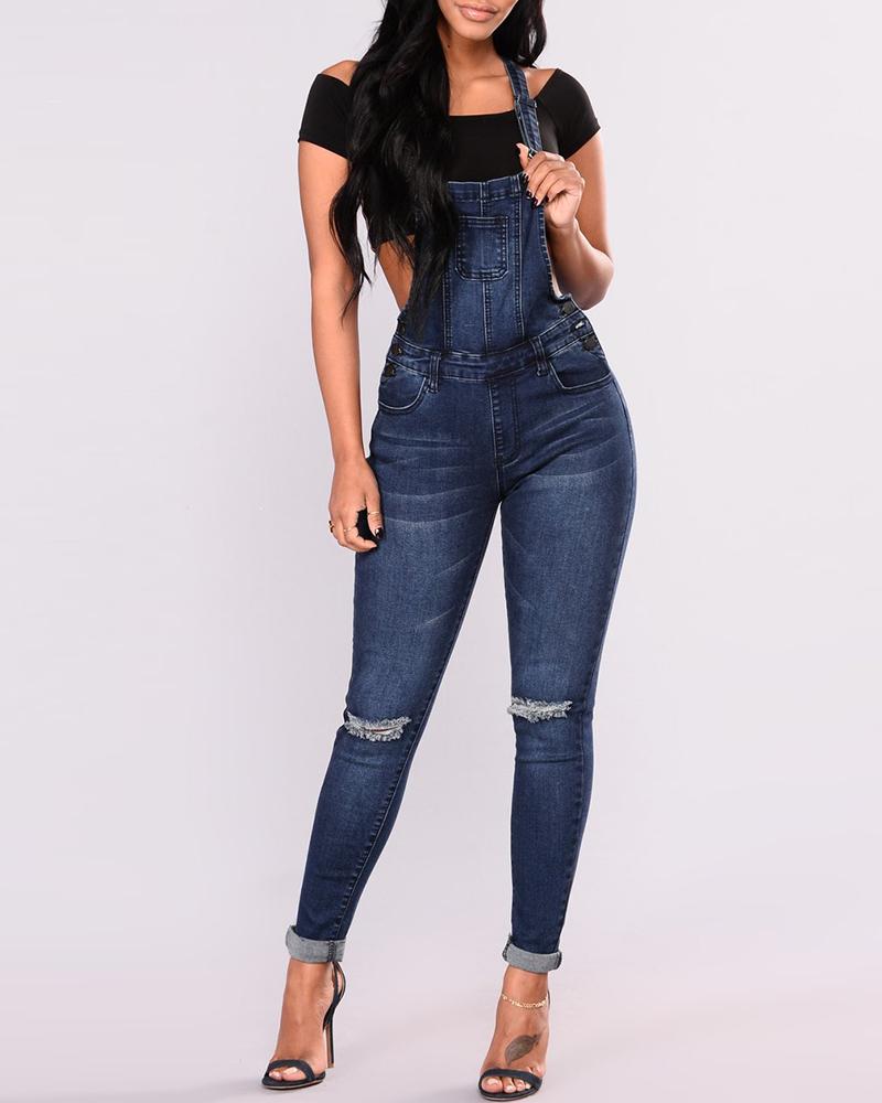 

Pocket Design Ripped Cuffed Denim Suspender Jumpsuit, Dark blue