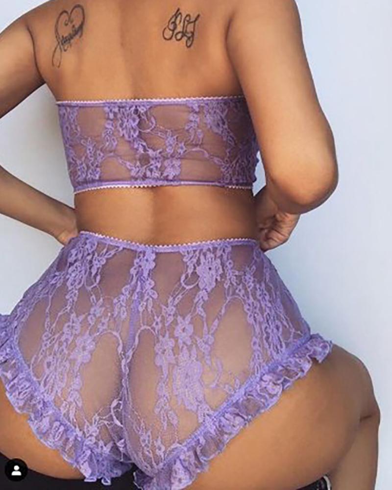 

Crochet Lace Sheer Mesh Bandeau Bra Set, Purple