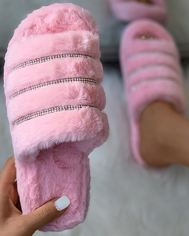 

Studded Plain / Tie Dye Print Fluffy Slippers, Pink