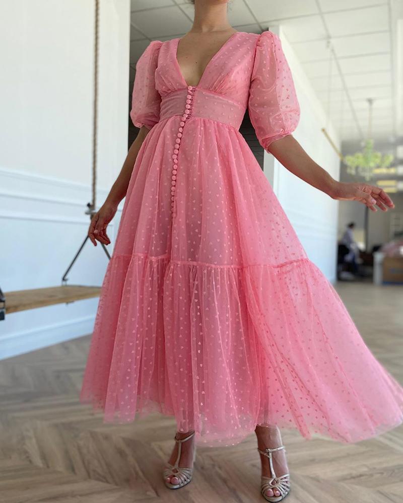 

Button Front Puff Lantern Sleeve Ruched Mesh Prom Dress, Pink