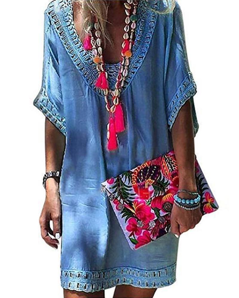 

Solid Lace Trim Beach Dress, Dark blue