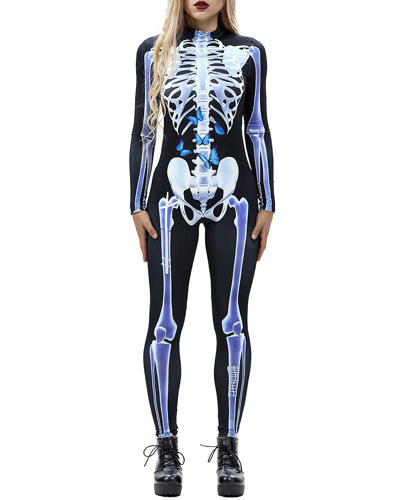 

Skull Skeleton Print Zip Back Halloween Costume Jumpsuit, Style1